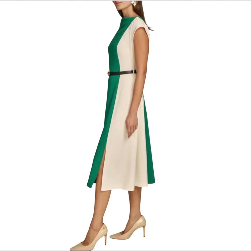DONNA KARAN NEW YORK Color Block Midi Dress Cap Sleeve Boat Neck A Line Size 8 - Picture 6 of 10